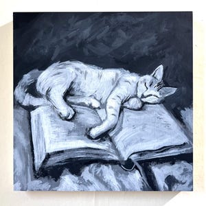 Cat Sleeping on Book, Original Acrylic Painting 8x8, sleepy reading bed cute
