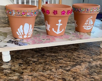 Mini Terra Cotta Nautical Planter: Hand-Painted Coastal Decor