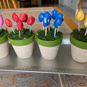 May include: Four small potted plants with colorful tulip decorations. Each pot is off-white with a green rim, filled with green moss and tulip flowers in pink, red, blue, and yellow. The pots sit on a silver tray.