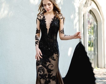 Black Wedding Dress long sleeves, Gothic bridal gown open back, Witchy Dresses for weddings, Black Lace Gown, Alternative wedding Dress