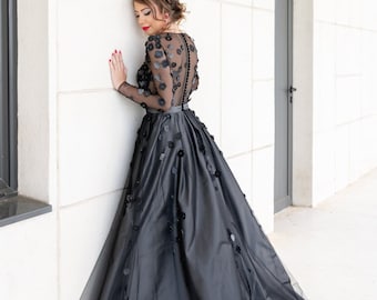 Black wedding dress with long sleeve, Floral bridal gown, Gray wedding dress, Unique wedding dress in grey, Black bridal gown