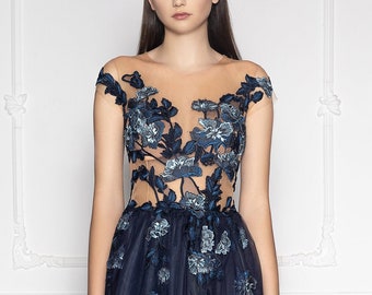 Dark Blue wedding dress with short sleeves, Color wedding dress, Unique wedding dress, Romantic wedding dress lace