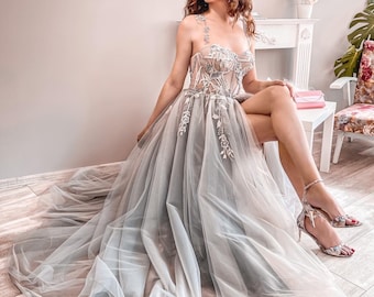 Sexy evening gown in gray, Fairy princess dress with slit, mother of the bride groom dress in grey, elegant formal dress