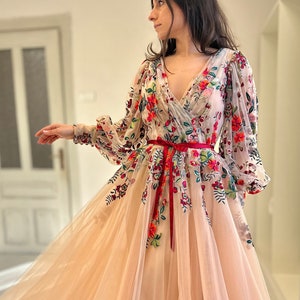 Floral Wedding Dress/ Embroidered Backless Flower Dress/ Alternative Wedding Dress/ Color Embroidered Dress/ Long Sleeves Gown Deep V