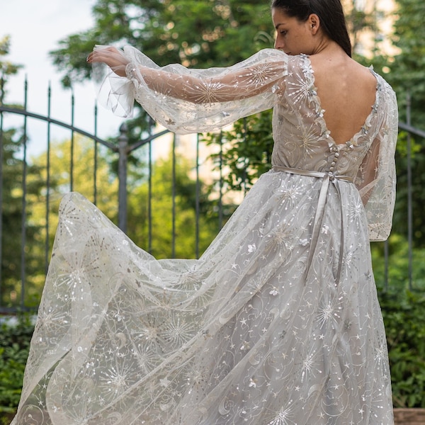 Celestial wedding dress with long sleeves, Stars and Moon wedding dress in gray, Boho bridal gown in grey, Galaxy wedding dress from tulle