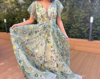 Floral Wedding Dress with sleeves/ Embroidered Fairy Dress/ Alternative Wedding Dress/ Colorful Embroidered Gown/ Unique Bridal Gown