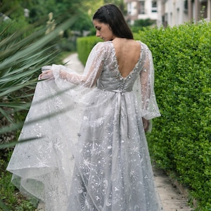 Dresses for wedding, Celestial dress for Unique Bride, Witchy Star and Moon wedding dress in grey, Tulle Boho bridal gown with long sleeve