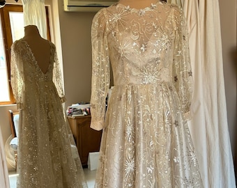 Celestial wedding dress in gold, Stars and Moon dress long sleeves, Witchy bridal gown boho, Galaxy wedding dress tulle, Nontraditional gown