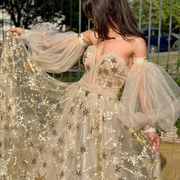 Starlight Unique Boho Wedding Dress, Celestial Star Dress, Star Wedding Dress , Gold Tan Bohemian Wedding Dress, Puffy Sleeves Dress