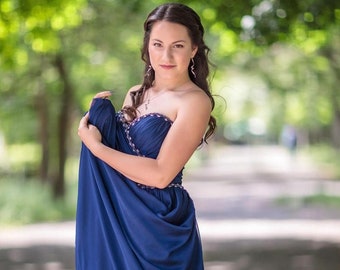 Wedding guest dresses for women, Maxi dress from chiffon, A-line dress for wedding, Long Elegant dress, Navy blue prom dress