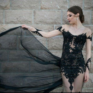 Black Wedding Dress, Gothic wedding dress, Black Lace Wedding Dress, Black Lace Gown for brides, Black and beige bridal gown sleeves