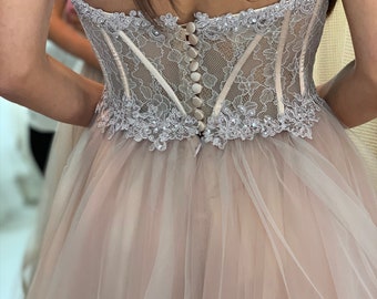 Blush Lace Wedding Dress: Corset Tulle Gown (Size S-M)