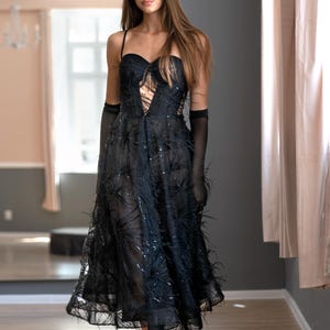 Black Lace Wedding Dress, Tea Length A-Line Gown with Ostrich Feathers