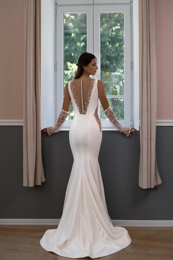 Lace Mermaid Wedding Dress: Crepe Bridal Gown with Illusion V-Neck Lace Mermaid Wedding Dress: Crepe Bridal Gown with Illusion V-Neck