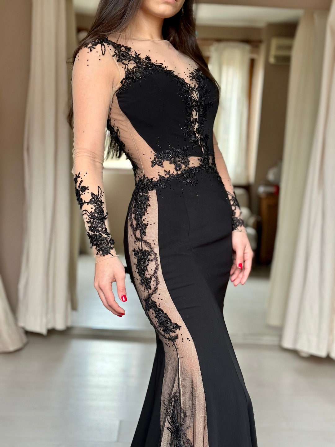 Long Black Formal Prom Dress with Lace Back