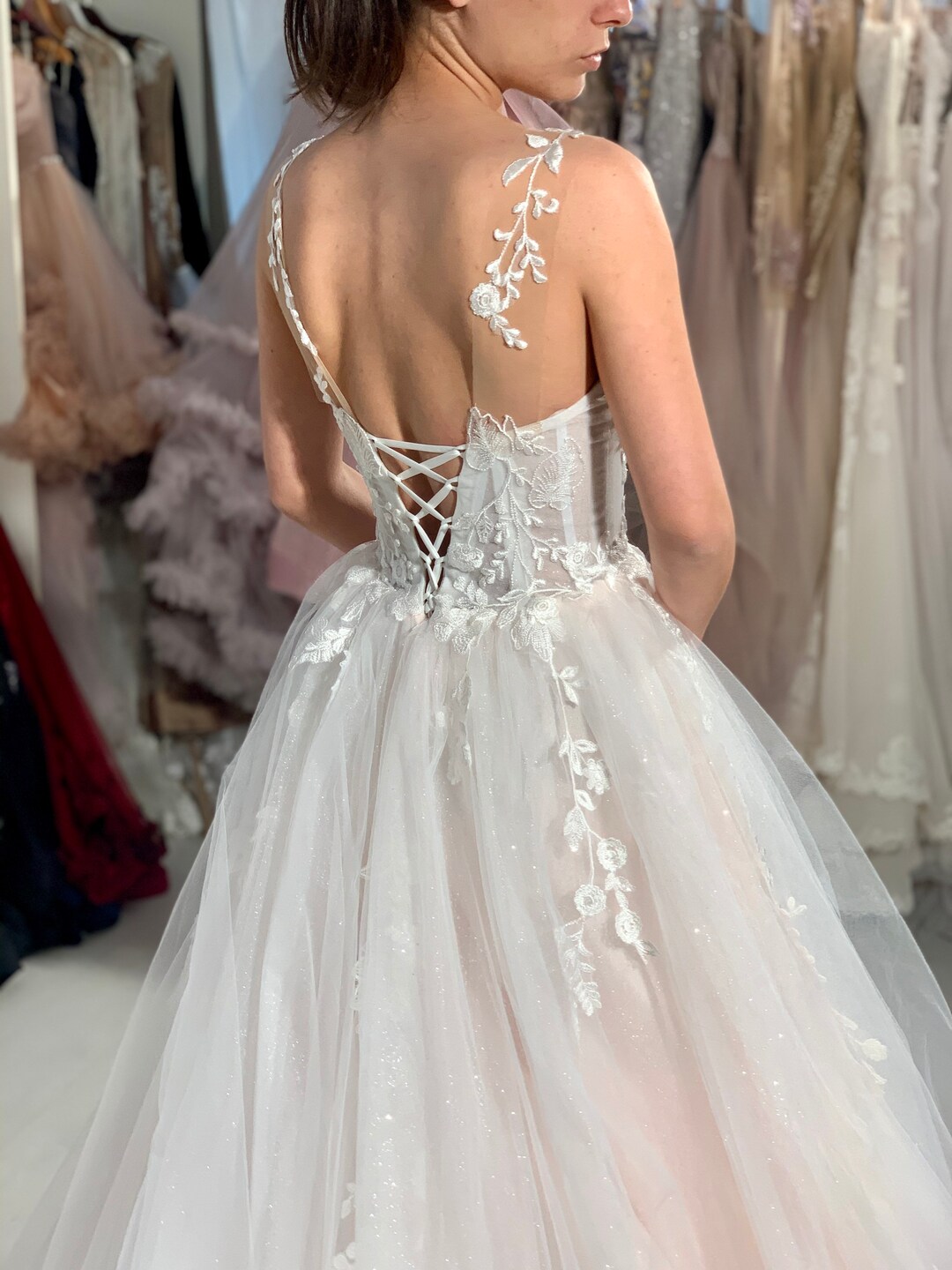 CLEARANCE /size S-M/ Lace Wedding Dress V-neck, Unique