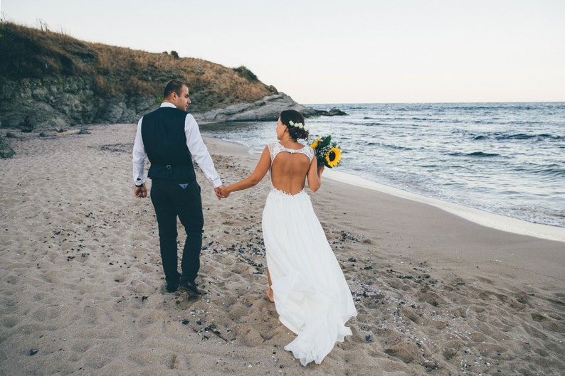 Boho wedding dress with lace, Beach wedding gown with open back, White Rustic wedding dress, Hippie wedding gown image 7