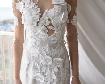 Robe de mariée florale en blanc, robe de mariée simple en ivoire, robe de mariée Boho, robe de mariée fleurie, robe de mariée longue hippie