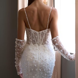 Floral Lace wedding dress long sleeves, Fitted Mermaid bridal gown, Corset Modern Luxury gown, Elegant Romantic wedding gown | Sienna