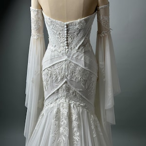 Floral Lace Mermaid Wedding Dress: Detachable Boho Sleeves, Handmade Bridal Gown