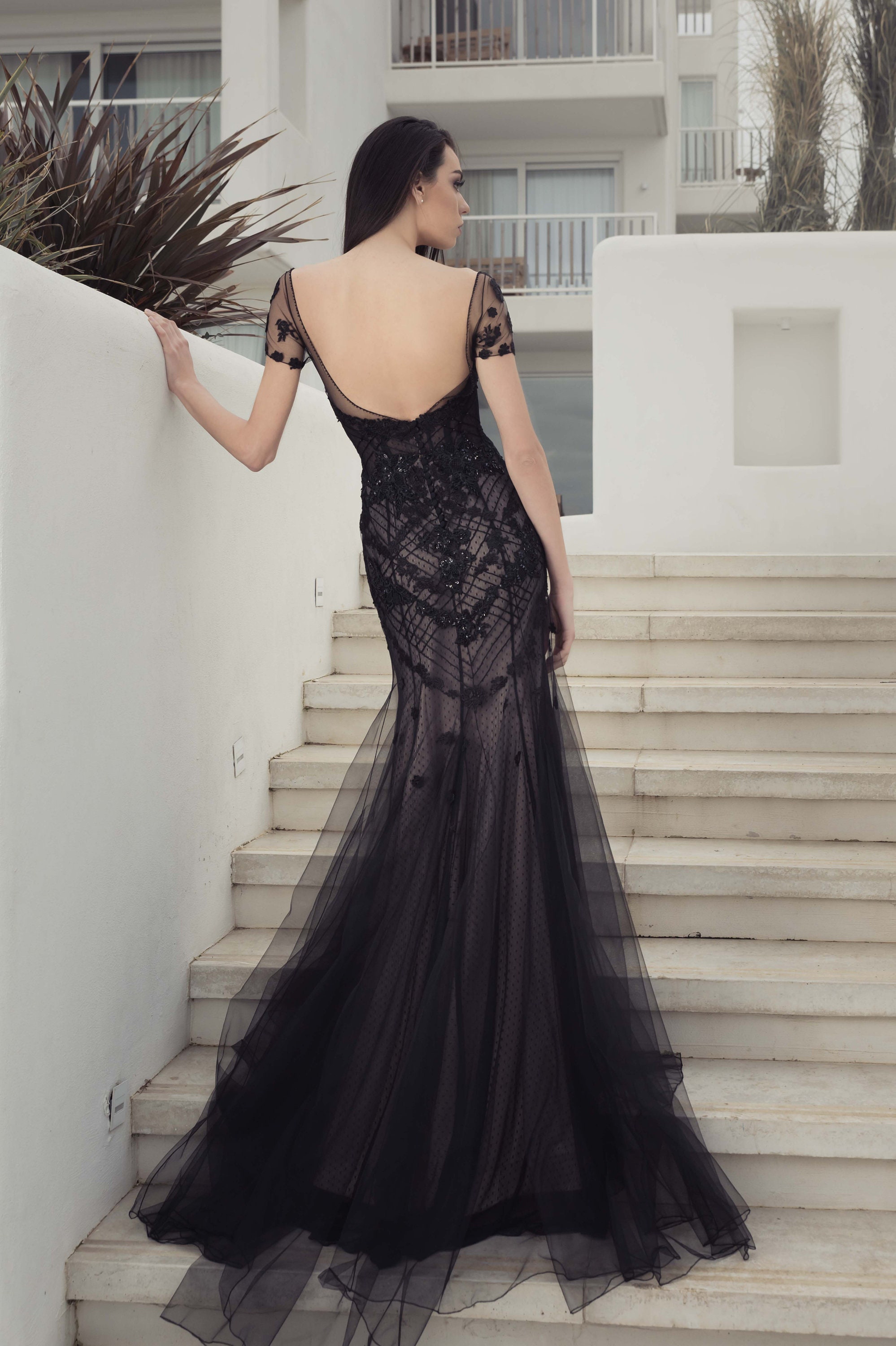 Black Lace Evening Gown: Low Back Formal Dress