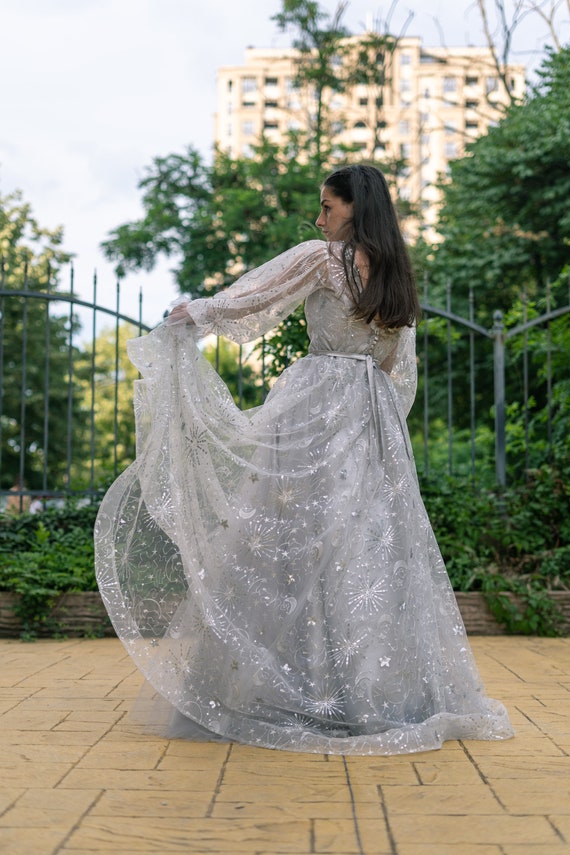 Celestial wedding dress with long sleeves, Stars and Moon wedding dress in  gray, Boho bridal gown in grey, Galaxy wedding dress from tulle