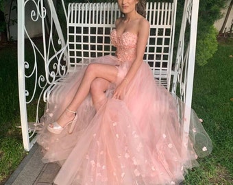 Pink wedding dress from tulle, Floral bridal gown, sleeveless wedding dress, Corset wedding dress