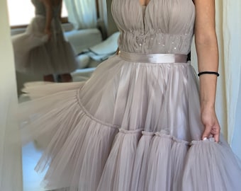 Tiered Tulle V Neck Wedding Dress, Short wedding dress in grey, Fairy wedding dress, Sexy bridal gown in gray, Mini Length Tulle bridal gown