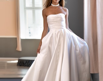 Minimalist Mikado Strapless Corset Wedding Dress, High Slit A-Line Gown