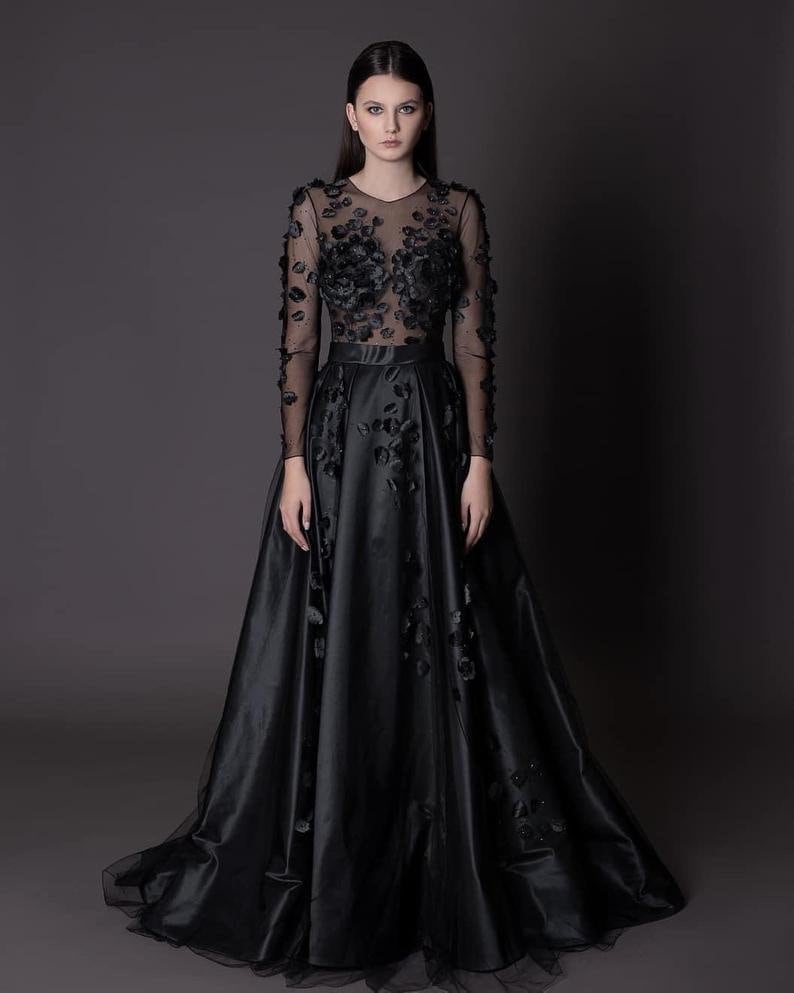 Black wedding dress with long sleeve Floral bridal gown Gray image 4