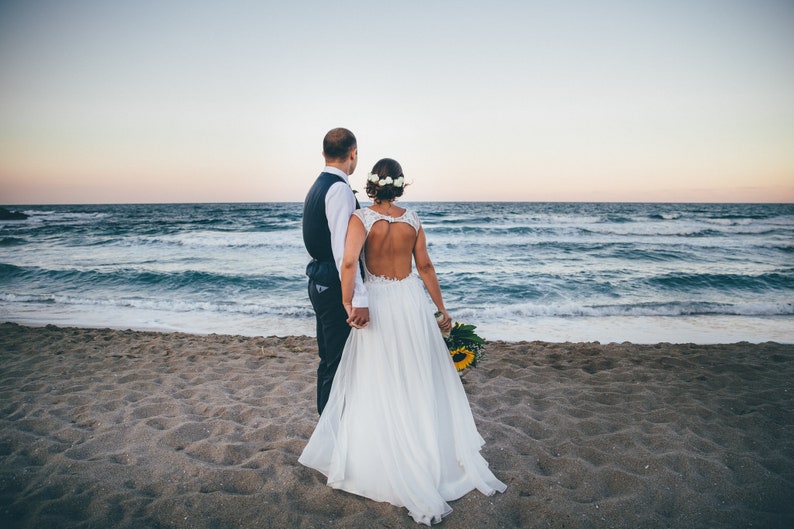 Boho wedding dress with lace, Beach wedding gown with open back, White Rustic wedding dress, Hippie wedding gown image 2