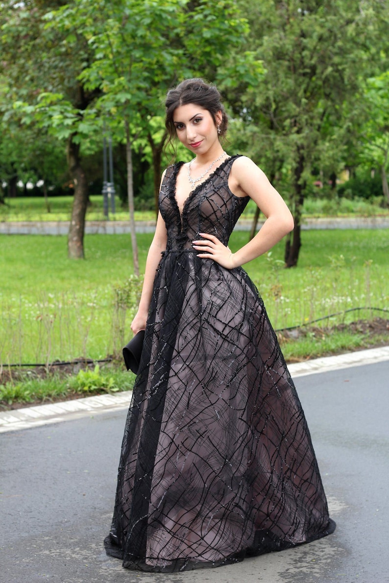 Black Wedding Dress With Deep V Alternative Wedding Dress Etsy