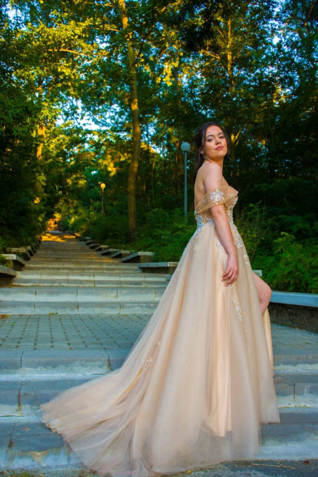Handmade Lace Wedding Dress: Gold Tulle Off-Shoulder Bridal Gown Handmade Lace Wedding Dress: Gold Tulle Off-Shoulder Bridal Gown
