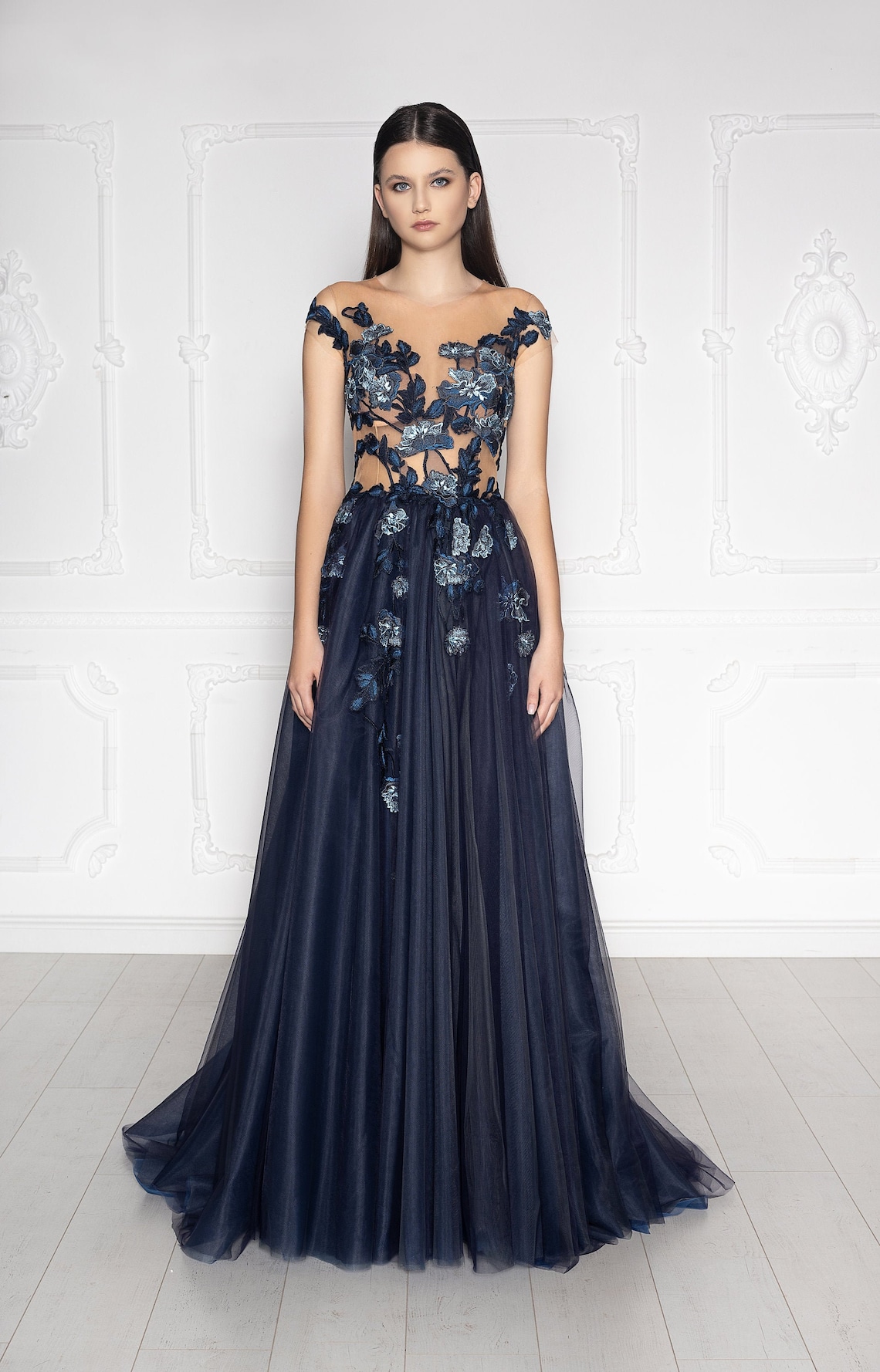 Dark Blue wedding dress with short sleeves Color wedding image 3