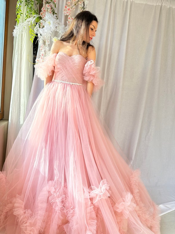 Pink Wedding Dress Tulle, Fairytale Bridal Dress, Whimsical Sexy Gowns for  Weddings, Tiered Dresses for Women A-line, Country Bridal Gowns - Etsy