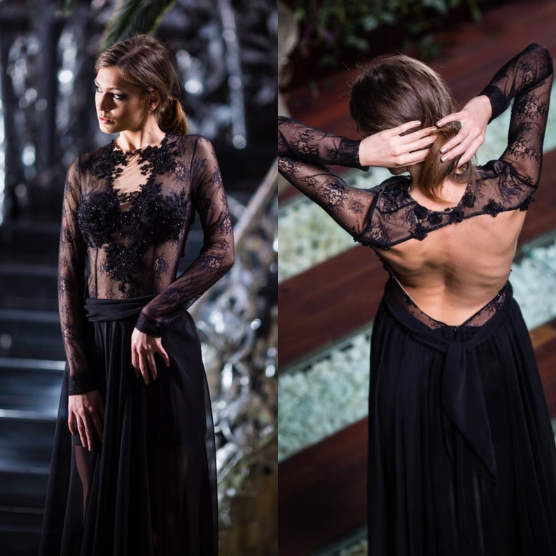 Black wedding dress long sleeve/ Black Lace Gown/ Open Back Dress/ Witchy Gothic wedding dress alternative/ Steampunk Keyhole Dark Gown image 1