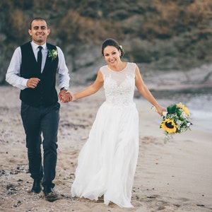 Boho wedding dress with lace, Beach wedding gown with open back, White Rustic wedding dress, Hippie wedding gown image 1