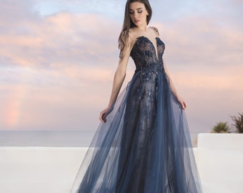 Unique wedding dress deep V/ Open Back Dress/ Alternative wedding dress/ Colored Tulle Lace Gown/ Goth Elven dress/ Navy Blue bridal gown