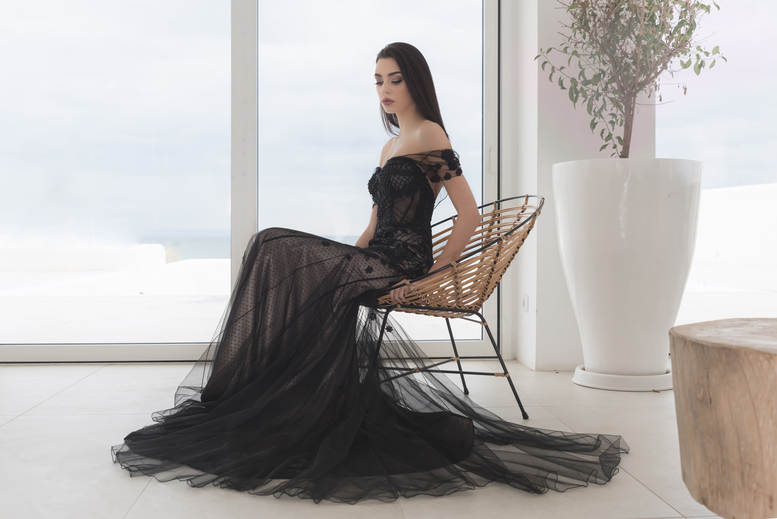 Black Lace Evening Gown: Low Back Formal Dress