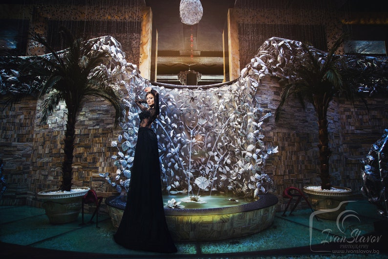 Black wedding dress long sleeve/ Black Lace Gown/ Open Back Dress/ Witchy Gothic wedding dress alternative/ Steampunk Keyhole Dark Gown image 6