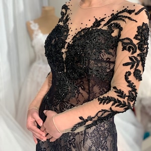 CLEARANCE /SIZE S/ Black Wedding Dress, Black Lace Wedding Dress, Black Lace Gown, Gothic Wedding Dress, Classy bridal Gown with Long sleeve