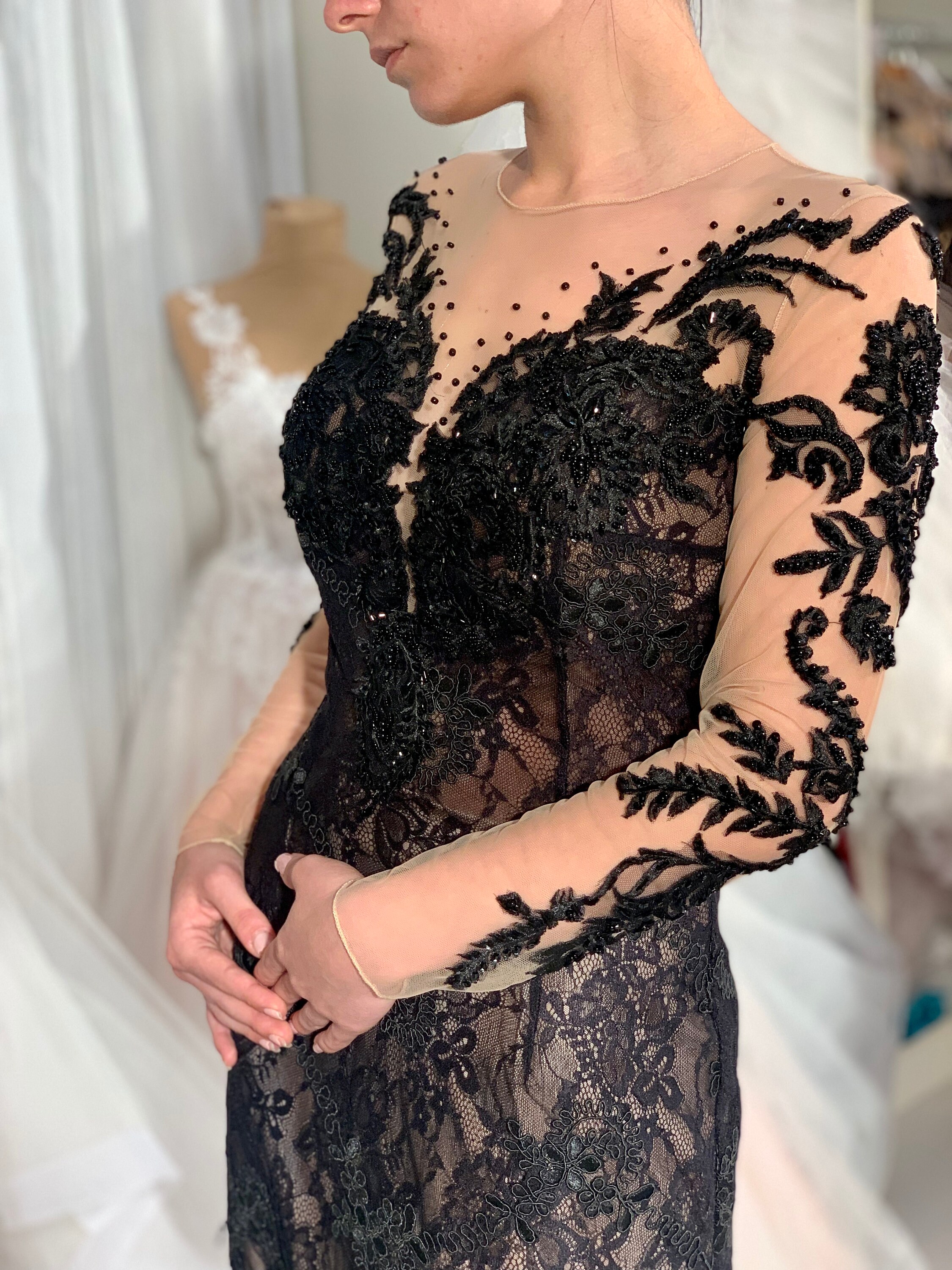 V Neck Long Sleeve Chapel Train Black Lace Wedding Dress - Princessly