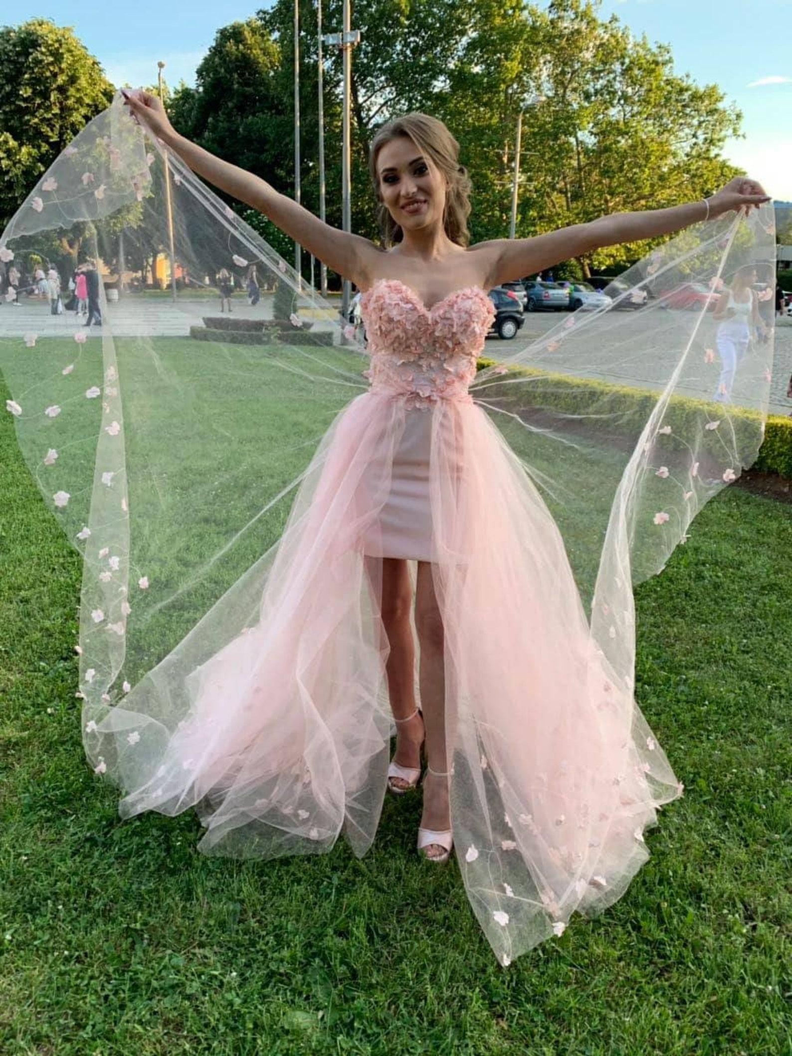 Cute A line Strapless Neckline Tulle Pink Flowers Wedding Dress