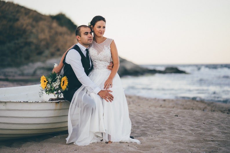 Boho wedding dress with lace, Beach wedding gown with open back, White Rustic wedding dress, Hippie wedding gown image 9