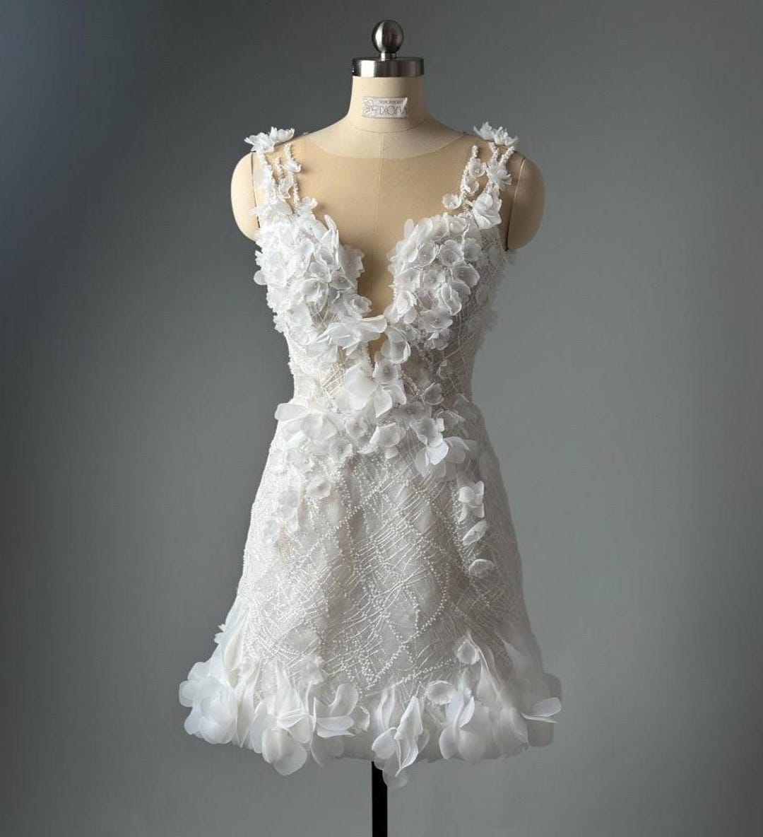 floral mini wedding dress Beaded Mini A-line Wedding Dress WITH Voluminous Floral Bolero WITH Train 4 / Dress WITH Bolero