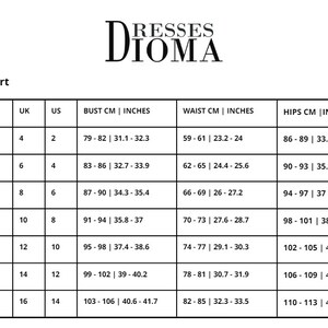 May include: Size chart for dresses with measurements in inches and centimetres. The chart shows sizes from XXS to XXL with corresponding bust, waist, and hip measurements.