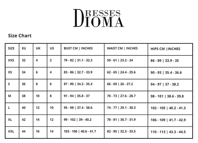 May include: Size chart for dresses with measurements in inches and centimetres. The chart shows sizes from XXS to XXL with corresponding bust, waist, and hip measurements.