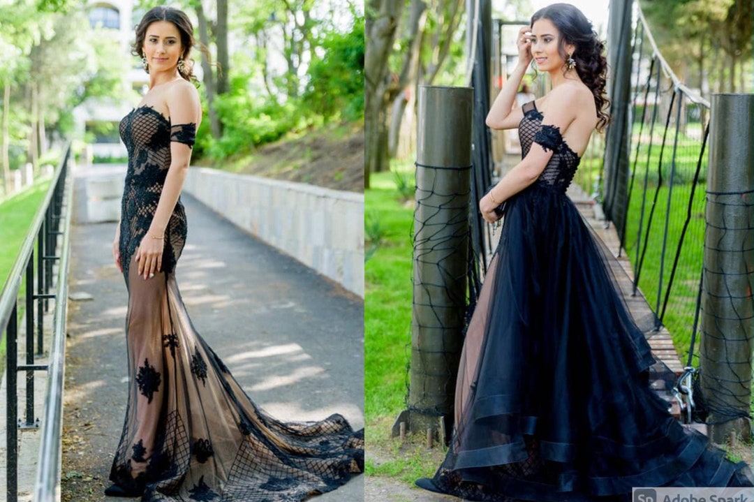 Black Lace Wedding Dress Gothic Unique Gown With Train - Etsy