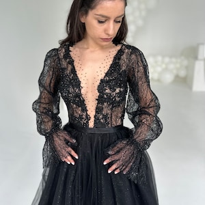 READY TO SHIP | Black wedding dress long sleeves, Gothic Dresses for weddings, Black lace gown, Alternative gowns for brides