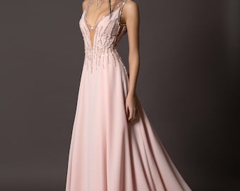 Vestido de noche rosa ruborizado con cuentas / Vestido formal de corte A con escote en V - Disponible en tallas XS-S